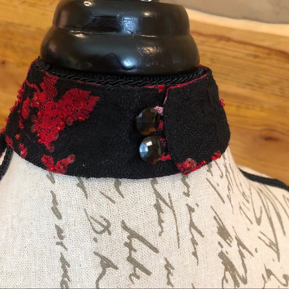 Cache Black & Red Lace With Sequins Halter Top - image 4